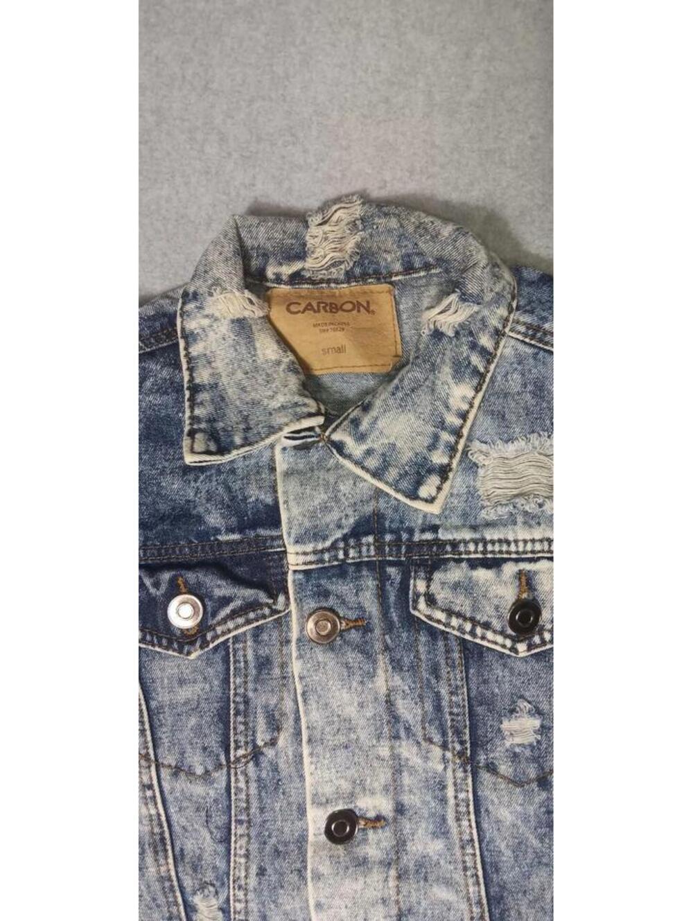 Carbon Denim Jean Jacket Mens Size Small Blue Jean Distressed Partial Acid Wash - Picture 9 of 13